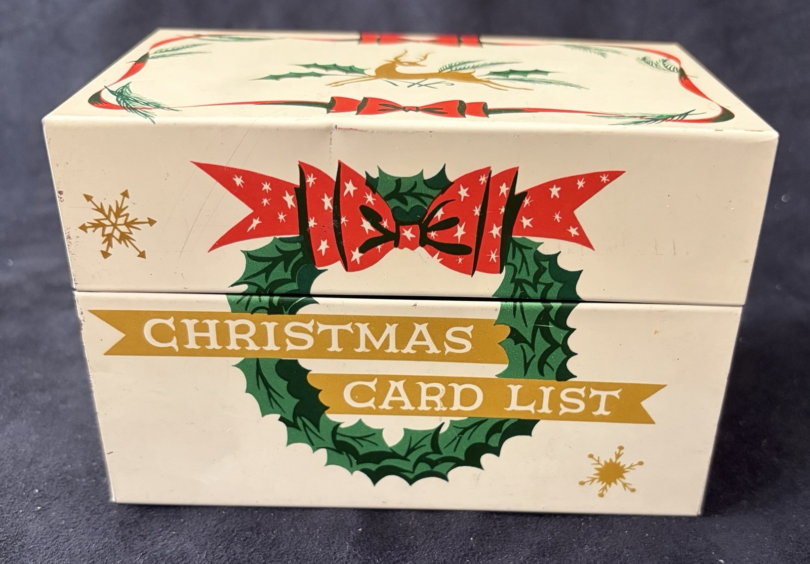 Vintage 1950s Stylecraft Christmas Card List Tin Reindeer and Wreath Box 807