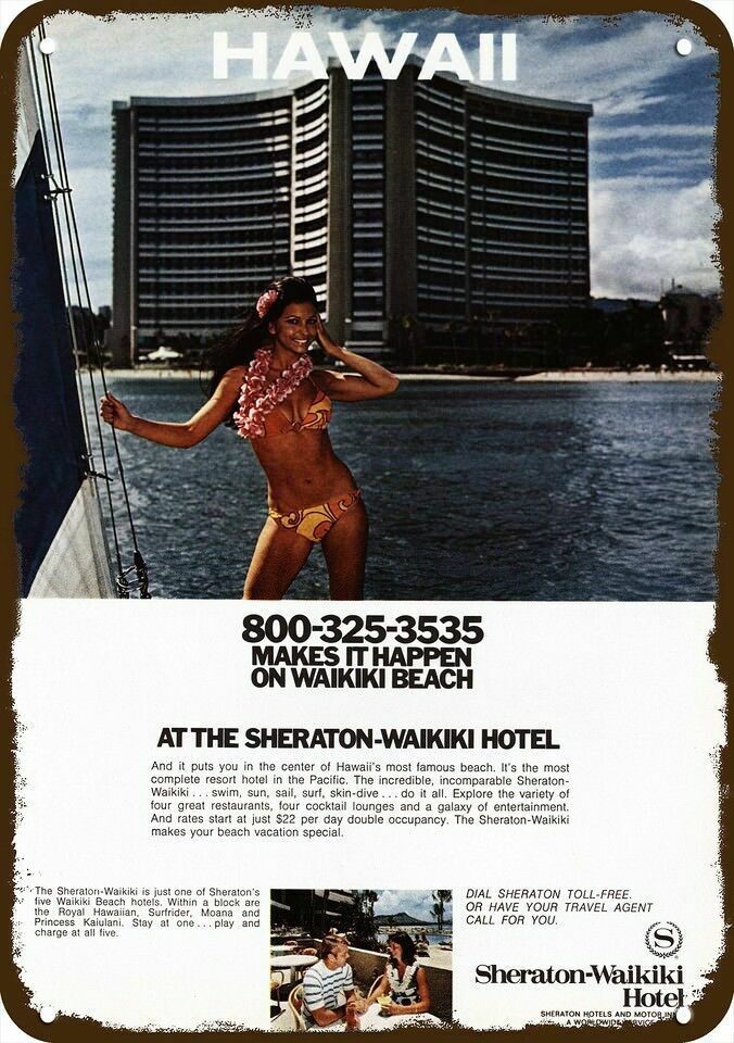 1971 SHERATON Waikiki Hotel & Sexy Hawaiian Woman DECORATIVE REPLICA METAL SIGN