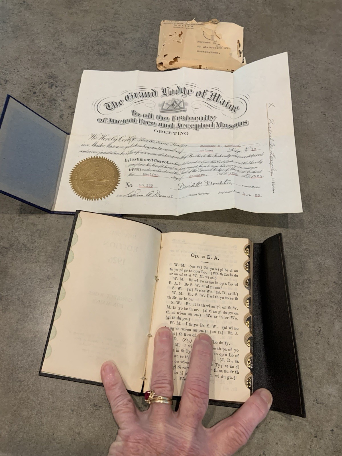Antique Master Mason Certificate 1925 Maine W/Holder & Ritual Code Cipher Book