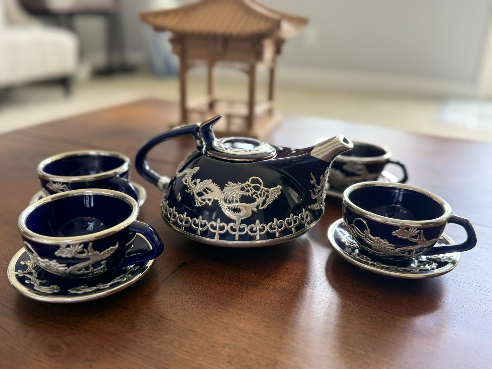 Vintage Cobalt-Blue Tin-inlaid Porcelain Tea Set_1 Tea pot 4 cups 4 saucers