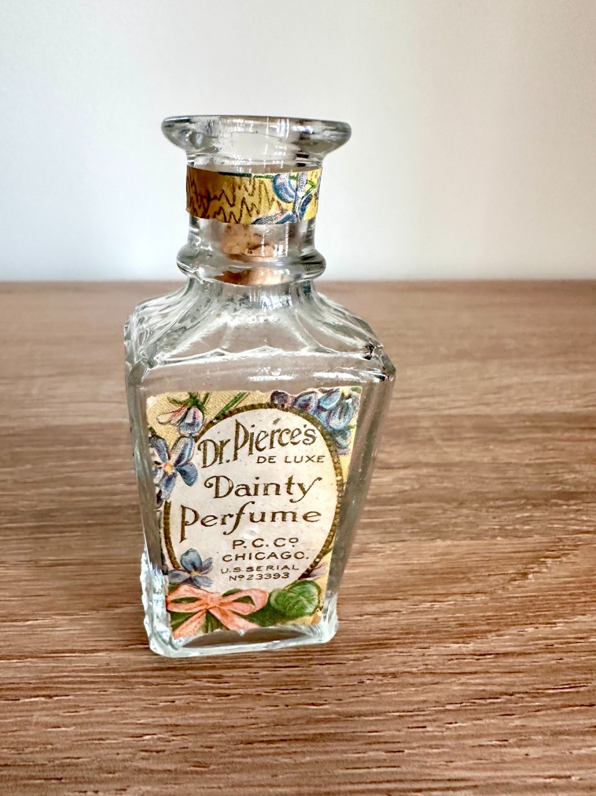 Antique Dr Pierce’s De Luxe Dainty Perfume Bottle Floral Label Cork Chicago