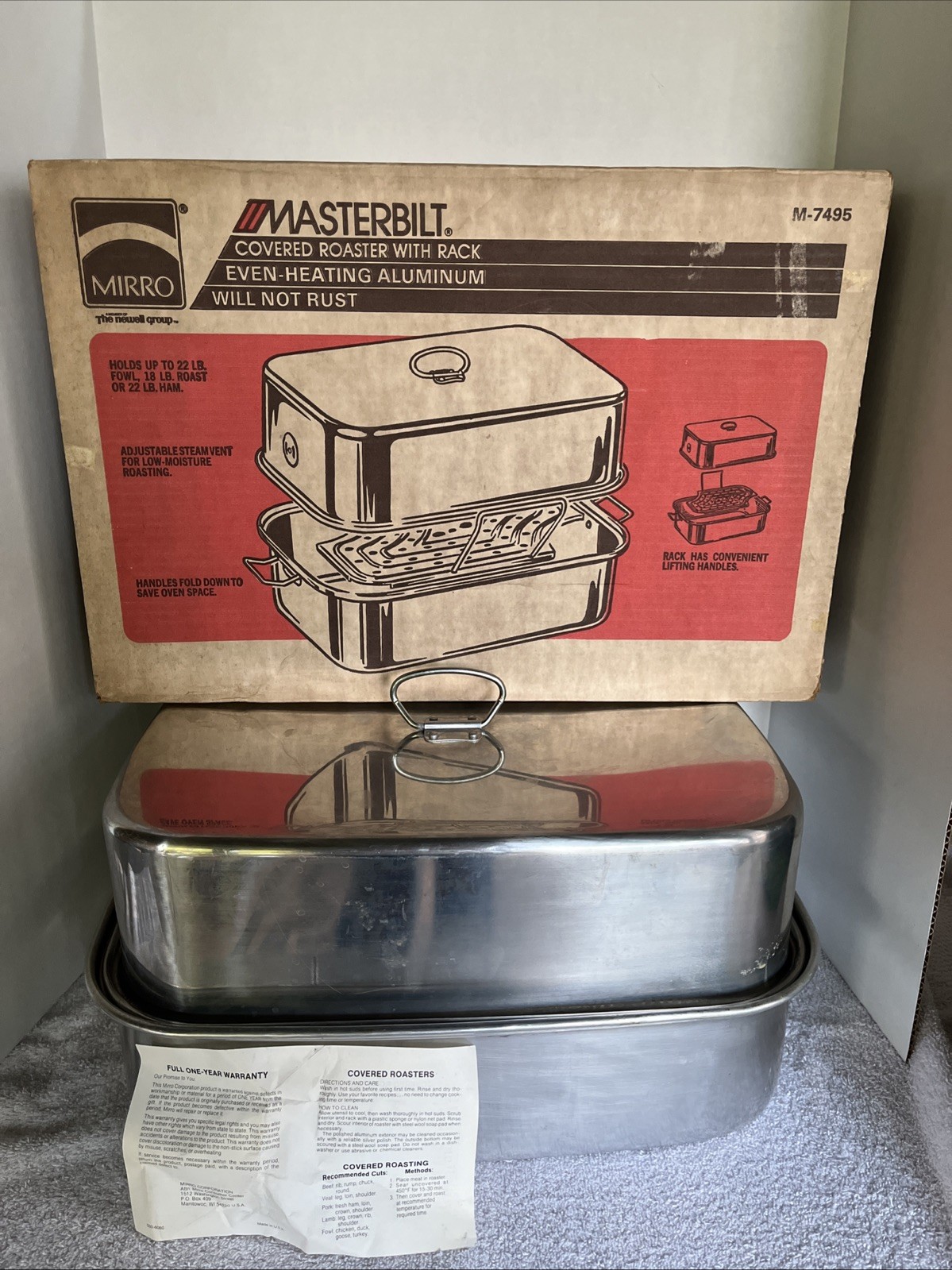Vintage MIRRO Aluminum Large Covered Roaster Roasting Pan #M-7495 Trivet Rack
