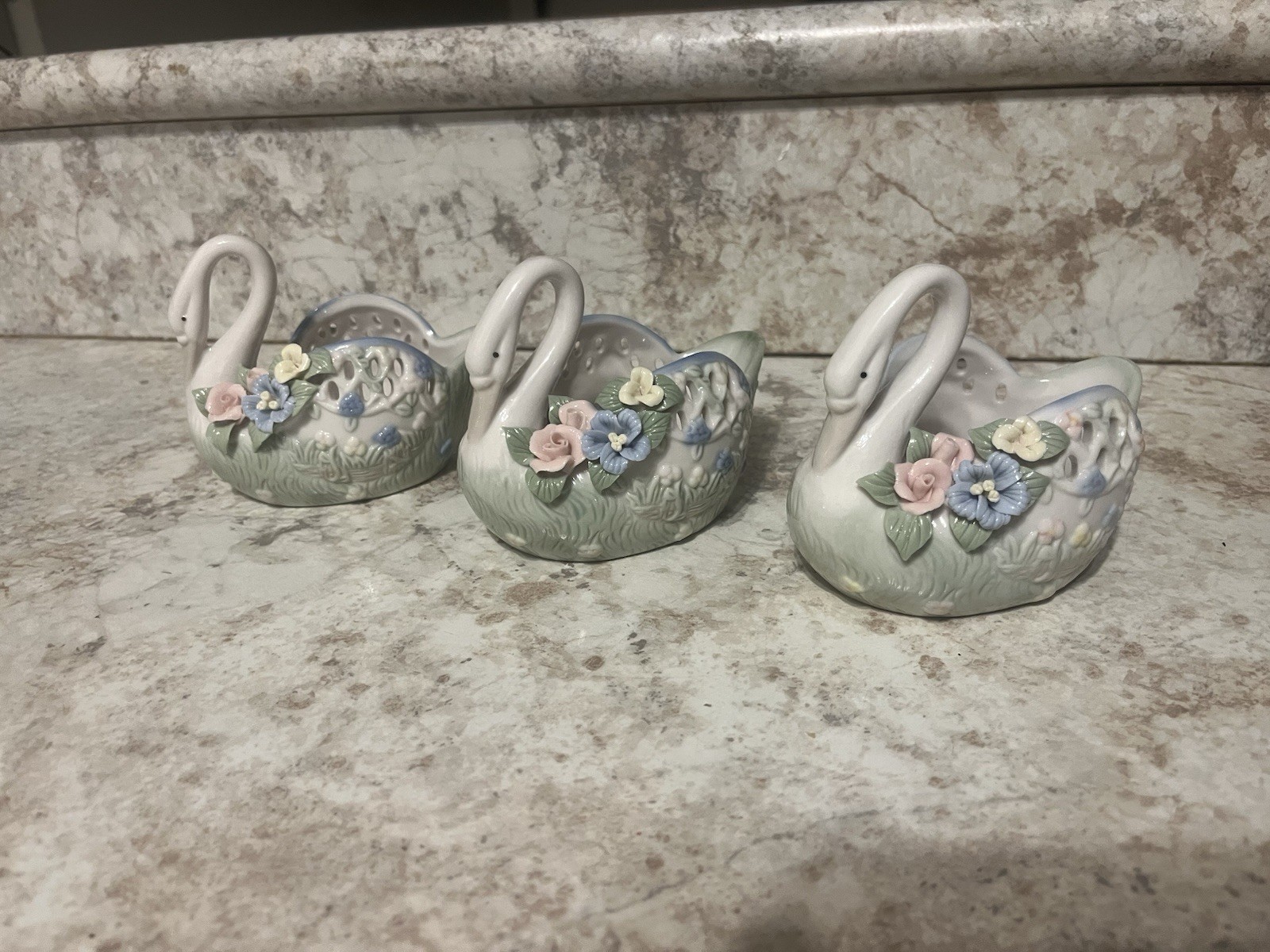 Vintage Porcelain White Swan Applied Delicate Flowers Trinket Vase Planters X3