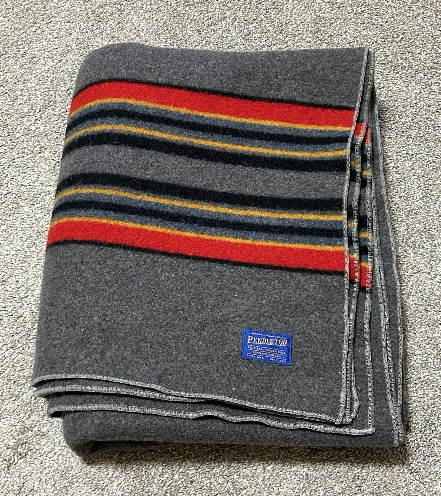 Pendleton Large Wool Blend Yakima Camp Blanket Gray Stripe Warm Cozy 74x61