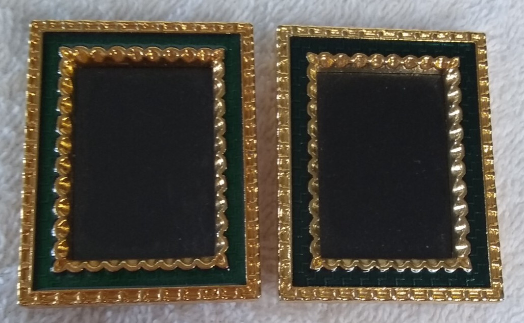 Two Mini Picture Frames Emerald Green and Gold Tone With Easel 2 x 1.5 Inches