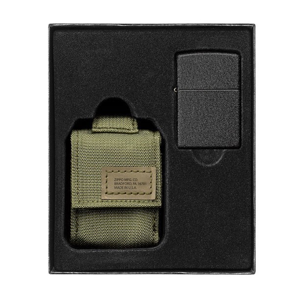 Zippo Black Crackle Lighter & OD Green Tactical Pouch Gift Set - USA Made EDC