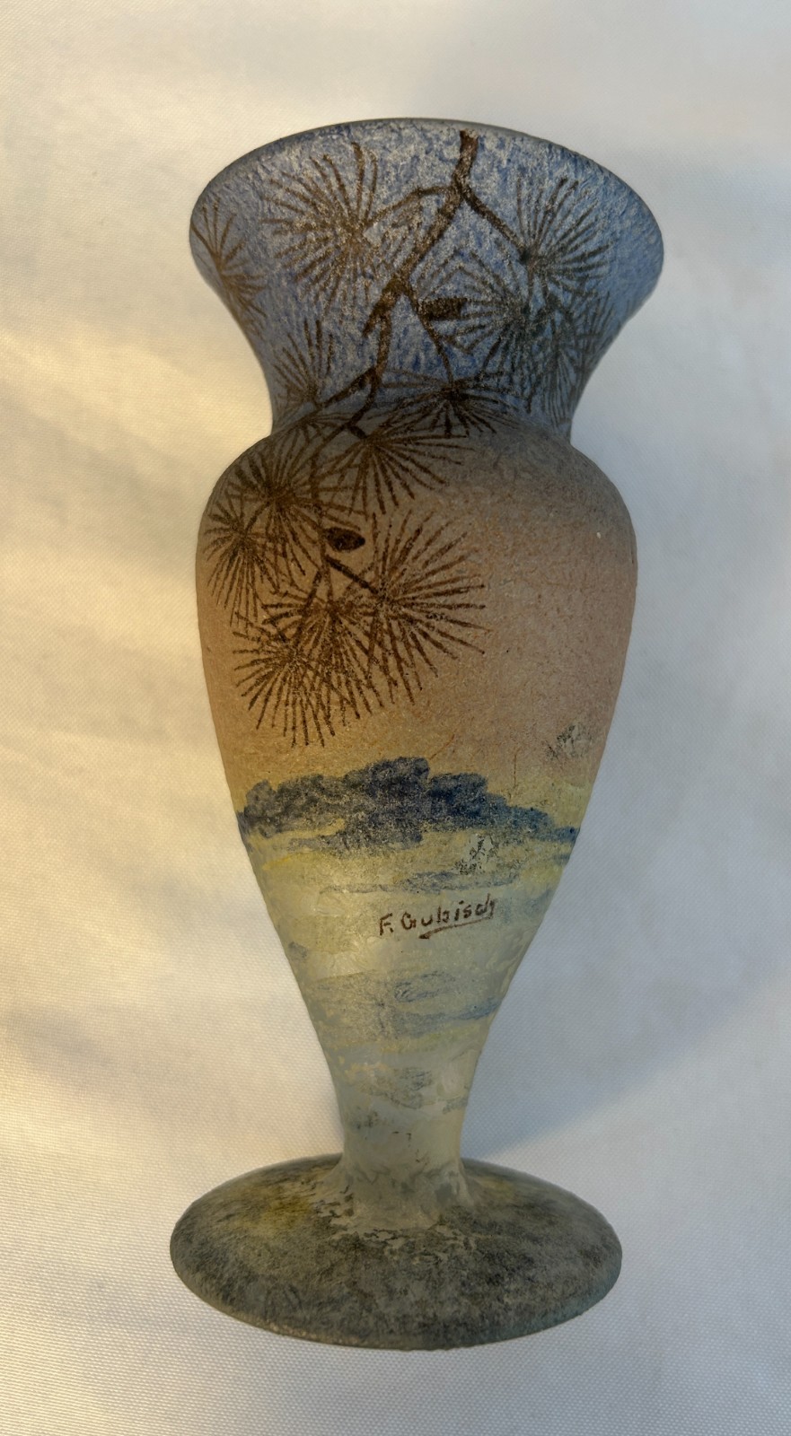 ANTIQUE HANDEL TEROMA ART GLASS VASE HAND PAINTED PINE CONE LANDSCAPE SIGNED