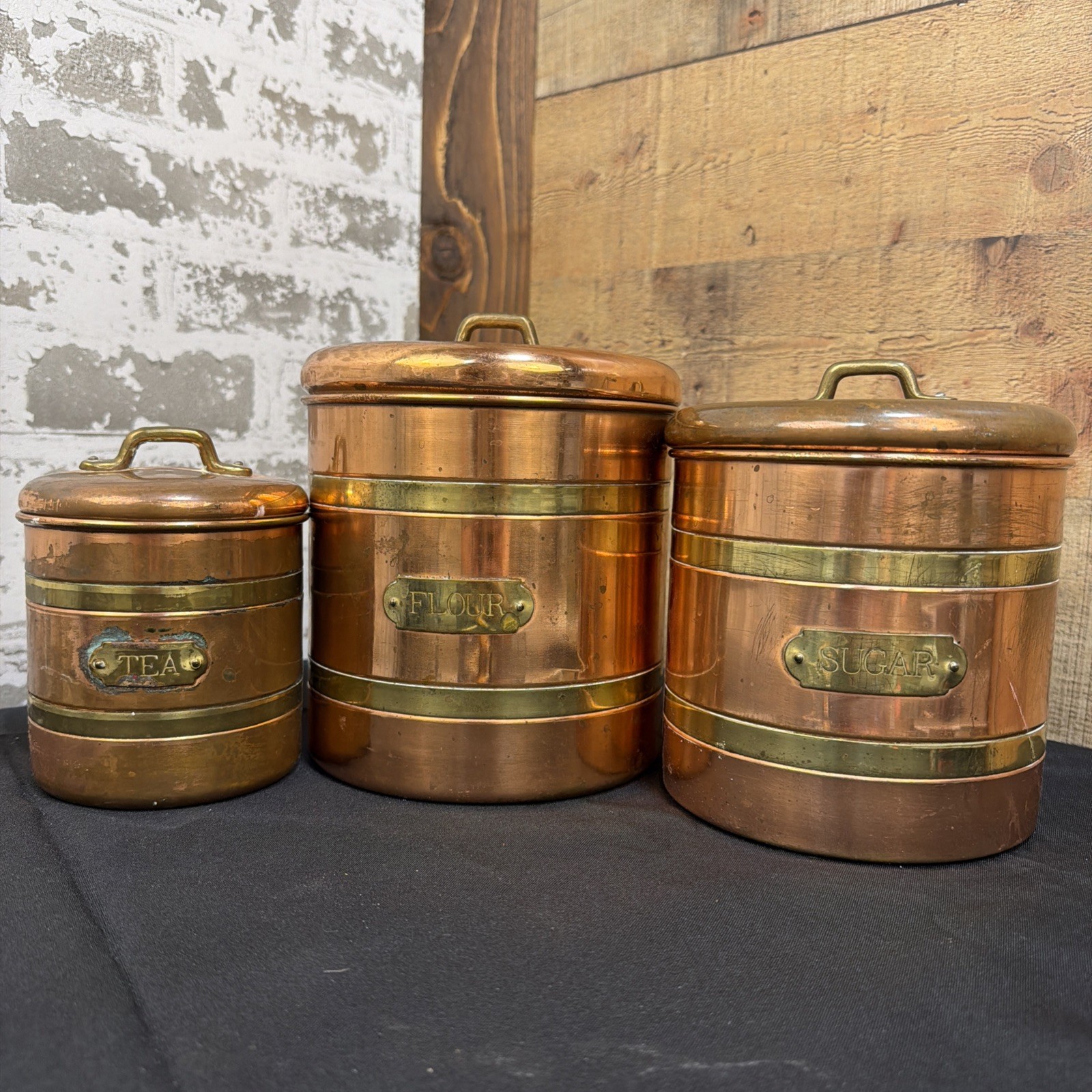 VTG Copper Canister Set Brass Patina Flour Sugar  Tea Rustic Kitchen THREE