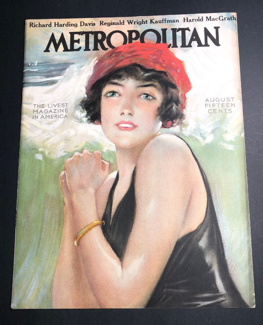 Rare C1915 Metropolitan Magazine Cover ONLY Pretty Girl waves Red Scarf
