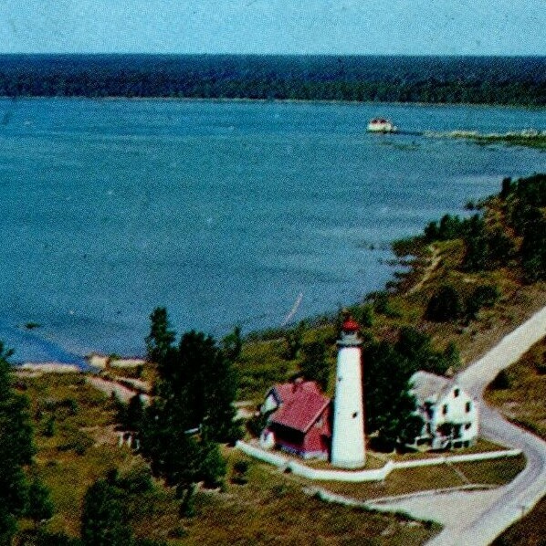 1961 Tawas Point Light House Bay Michigan LL Cook Chrome Birds Eye View Vintage
