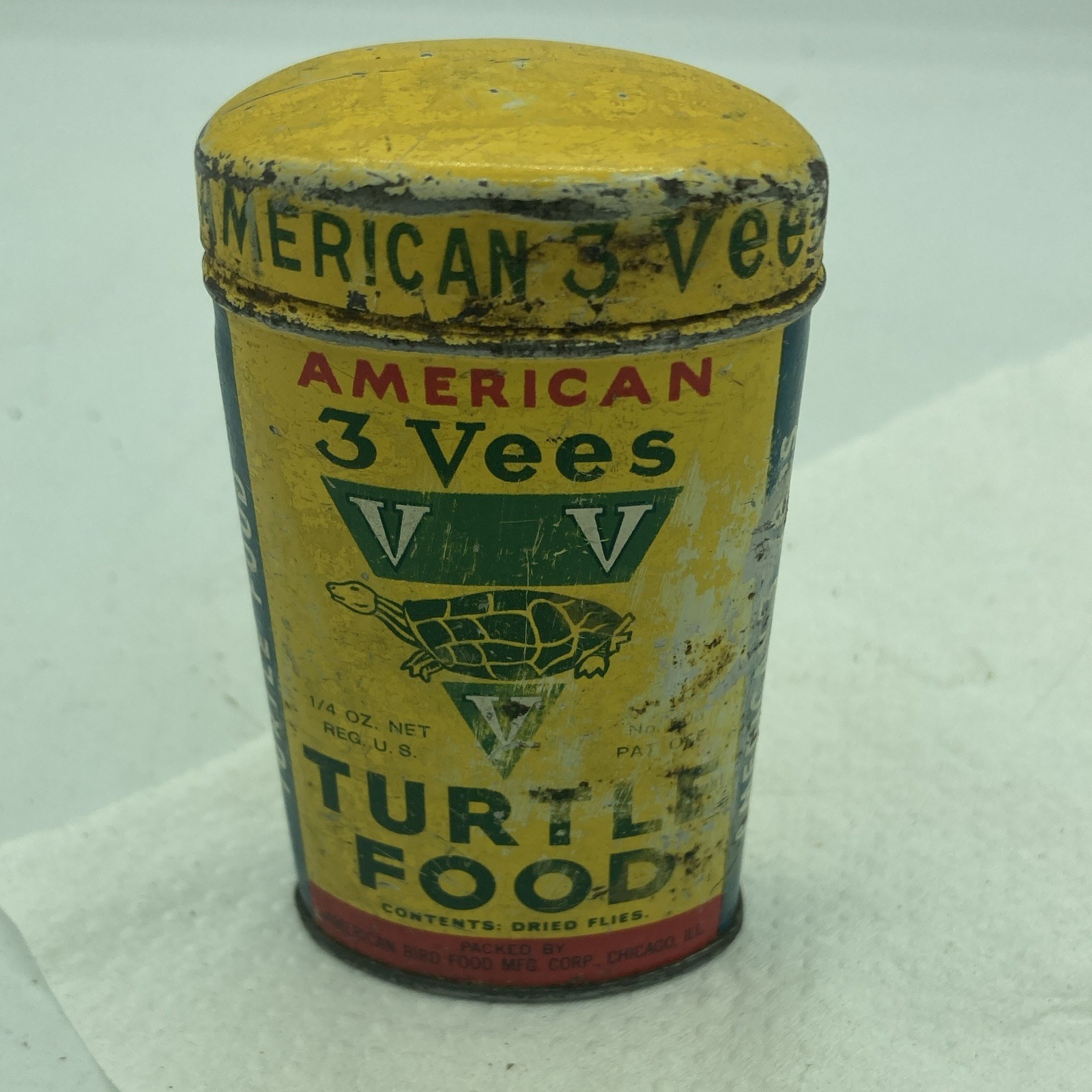Vintage 1950s American 3 Vees Turtle Food Tin 1/4 Oz Pet Store Advertising