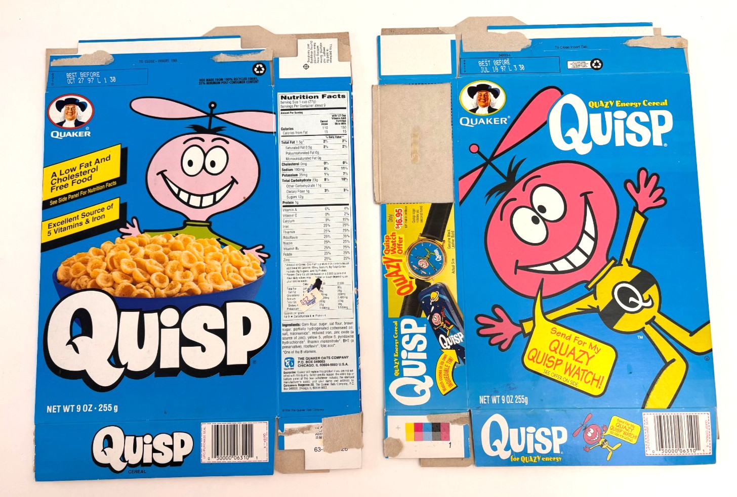 Vintage Quaker Oats QUISP Cereal Box - two in lot - flattened Cereal Boxes
