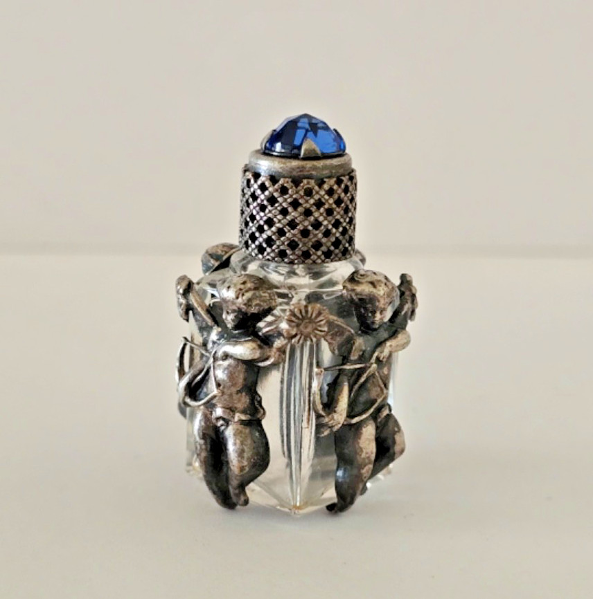 Vintage Antique French Perfume Bottle Blue Jewel Silver Cupids with Arrows CUTE