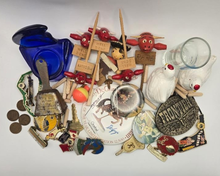 VTG estate junk drawer lot coins salt & pepper shakers cobalt blue lapel pins