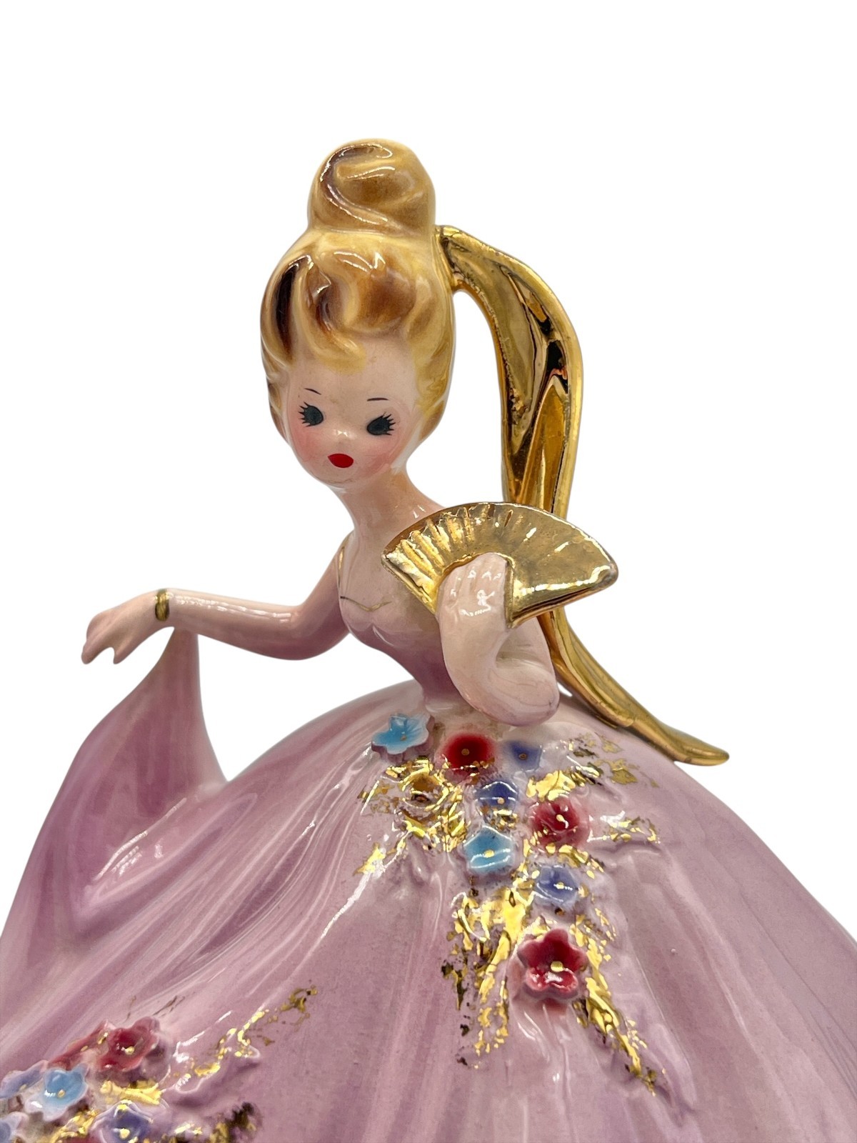 Vintage Lovely Josef Originals Lady with Golden Fan Music Box Figurine Video EXC