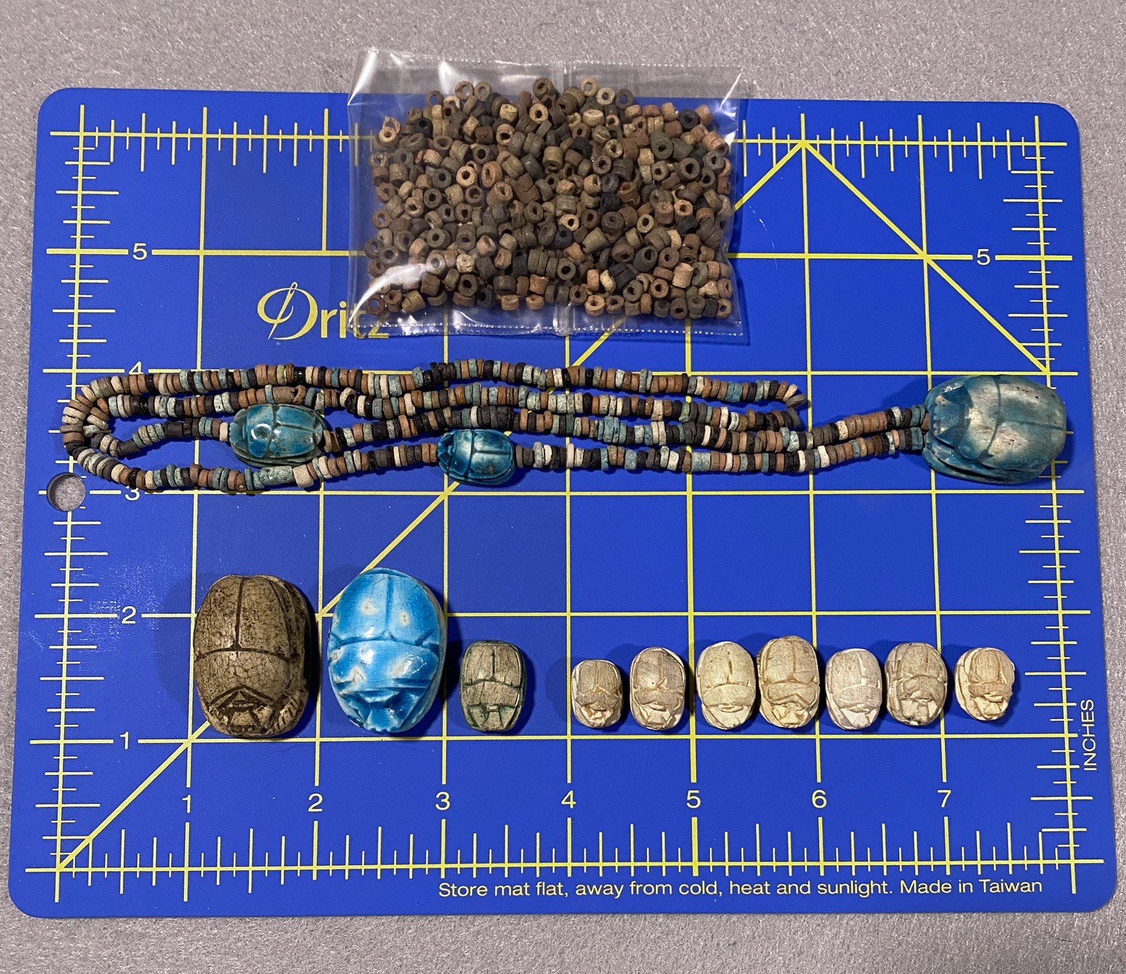 Vintage 13 Egyptian Faience Carved Scarab Cartouche Beetle Bead lot and Necklace