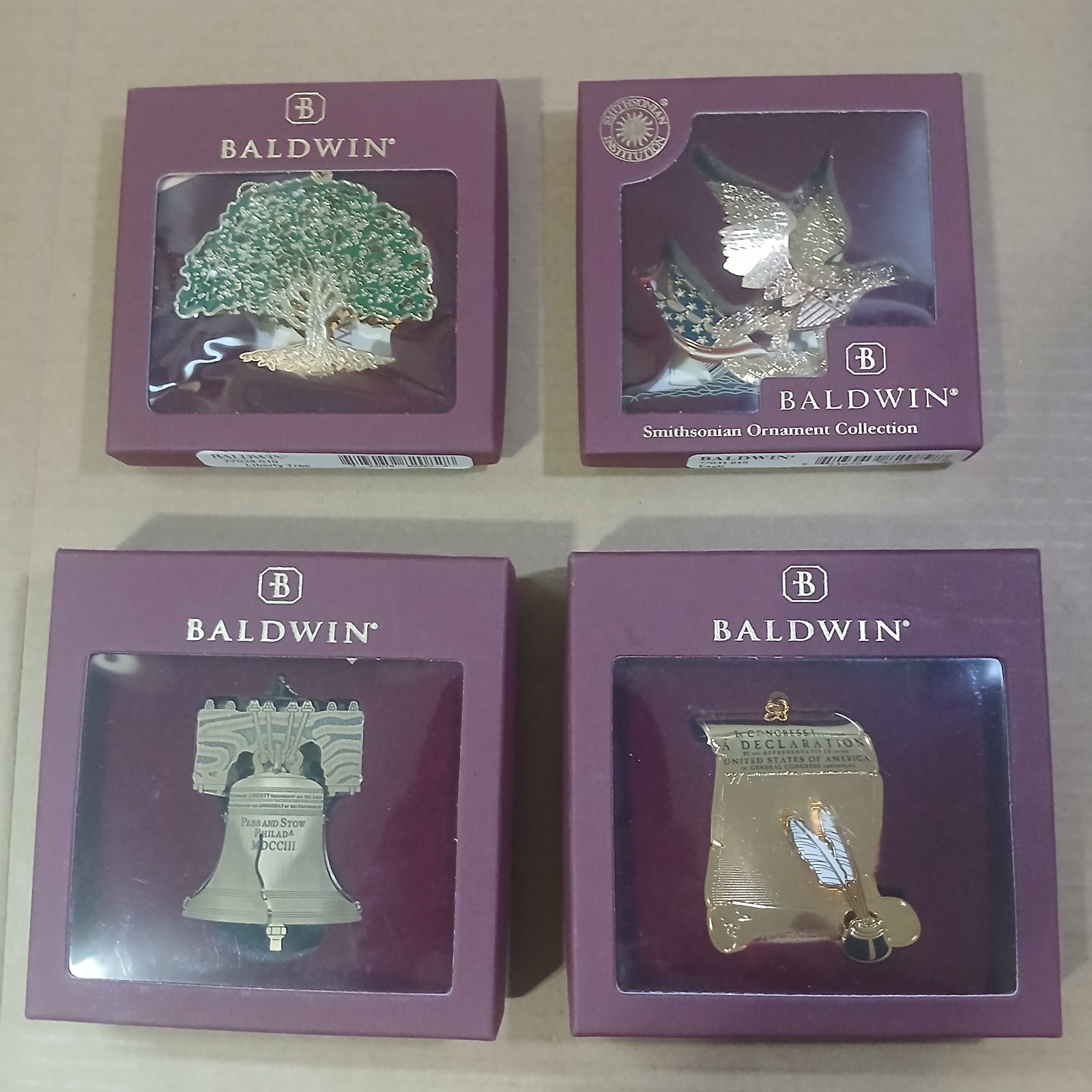 Baldwin 24k Gold Finished Brass Ornaments Lot of 4 Liberty Bell Eagle Tree Decl.