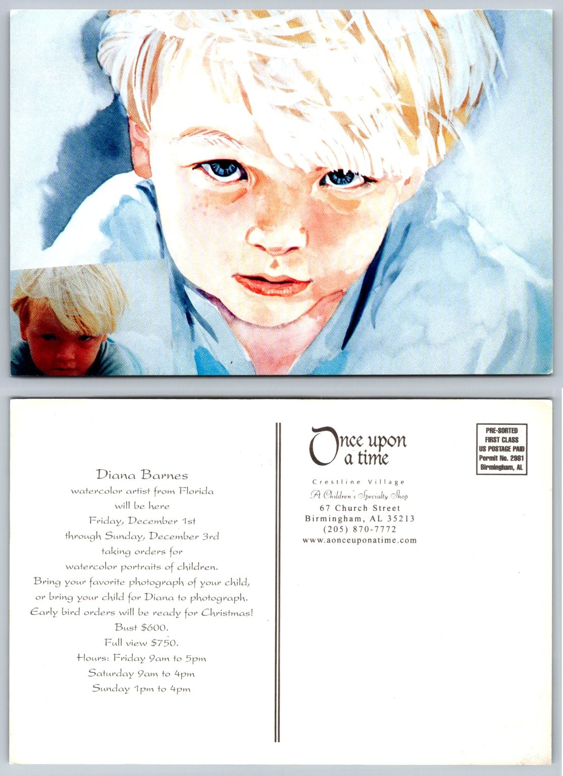 Diana Barnes Watercolor Art Portrait Postcard - Children's Shop Birmingham AL
