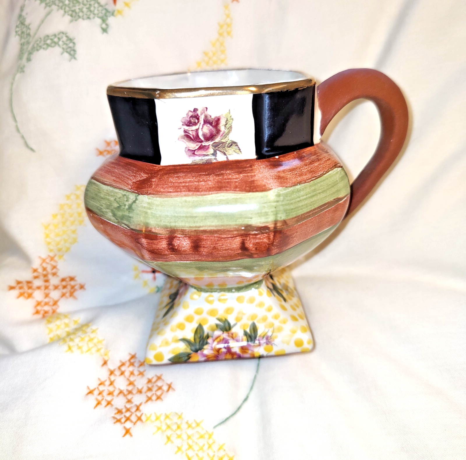 MacKENZIE-CHILDS Torquay Palm Devon Pedestal Clay Mug 1993 Square Base Retired