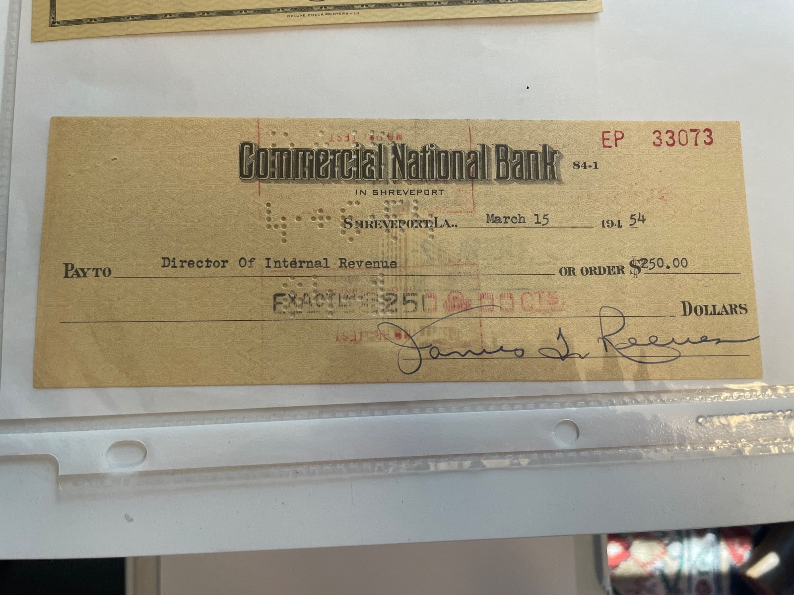 Gentleman Jim Reeves  1954 Hand Signed Original Bank Check Director of Internal