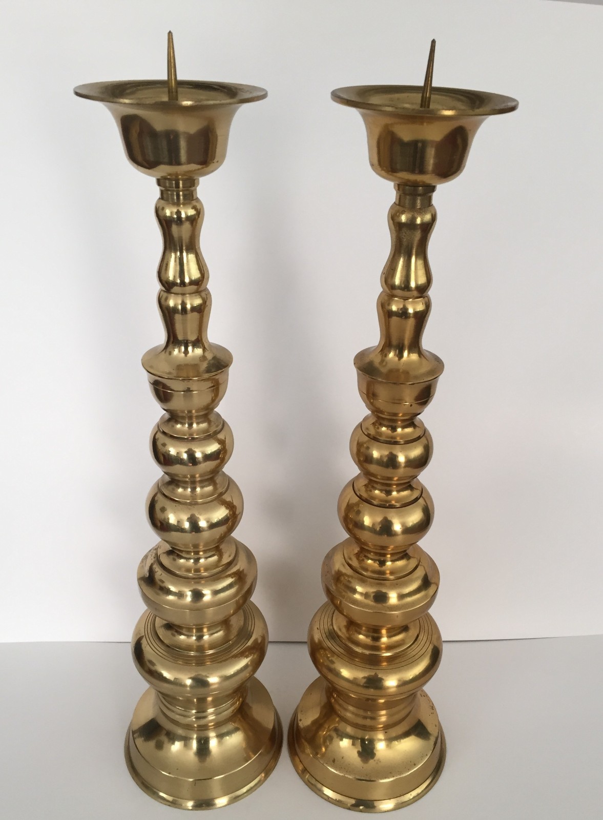2 Vintage Large Stacked Brass Tall Floor Pillar Candlestick Holders Prickets 18\