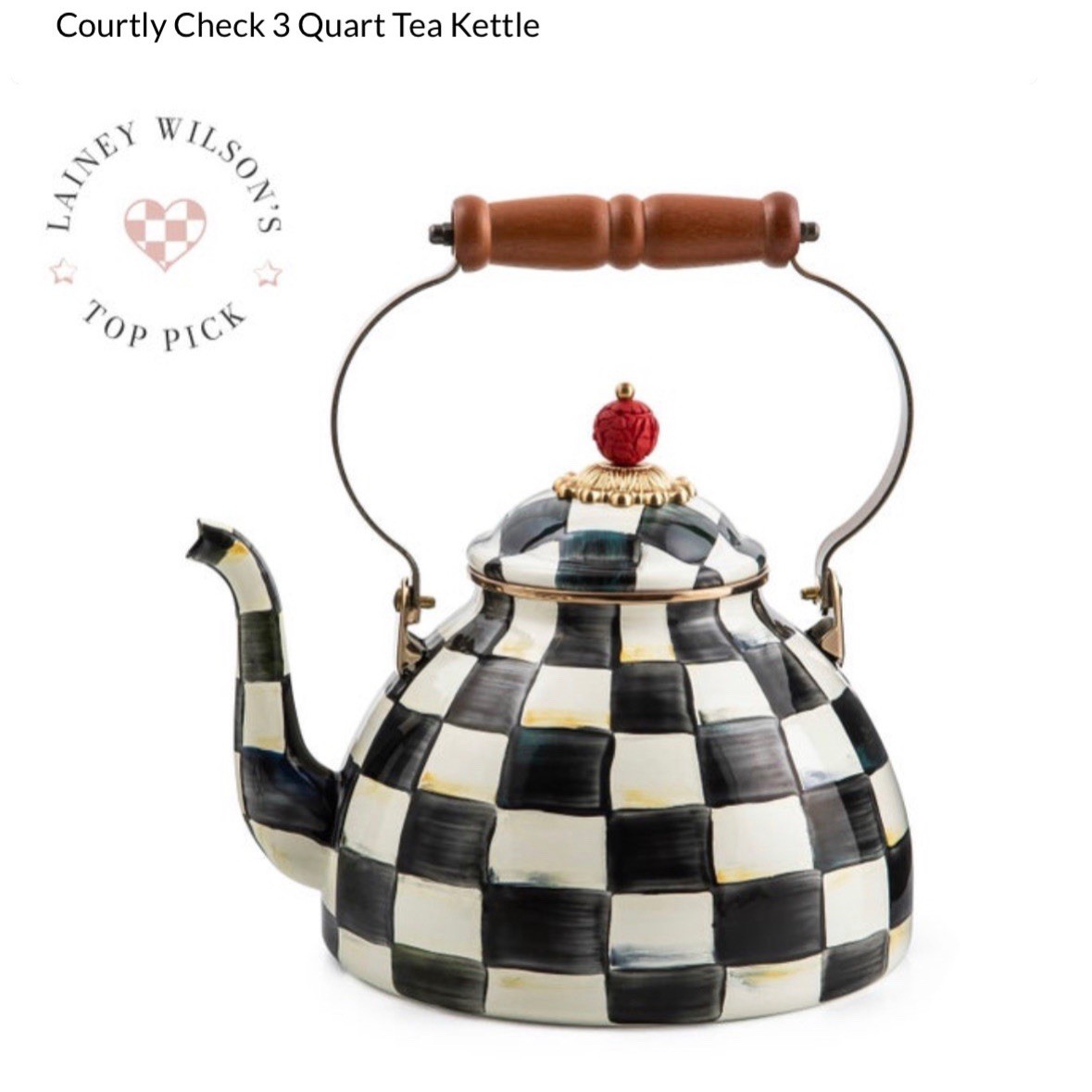 MacKenzie Childs Courtly Check 3 Qt Tea Pot Kettle Enamel Over Heavy Guage Steel