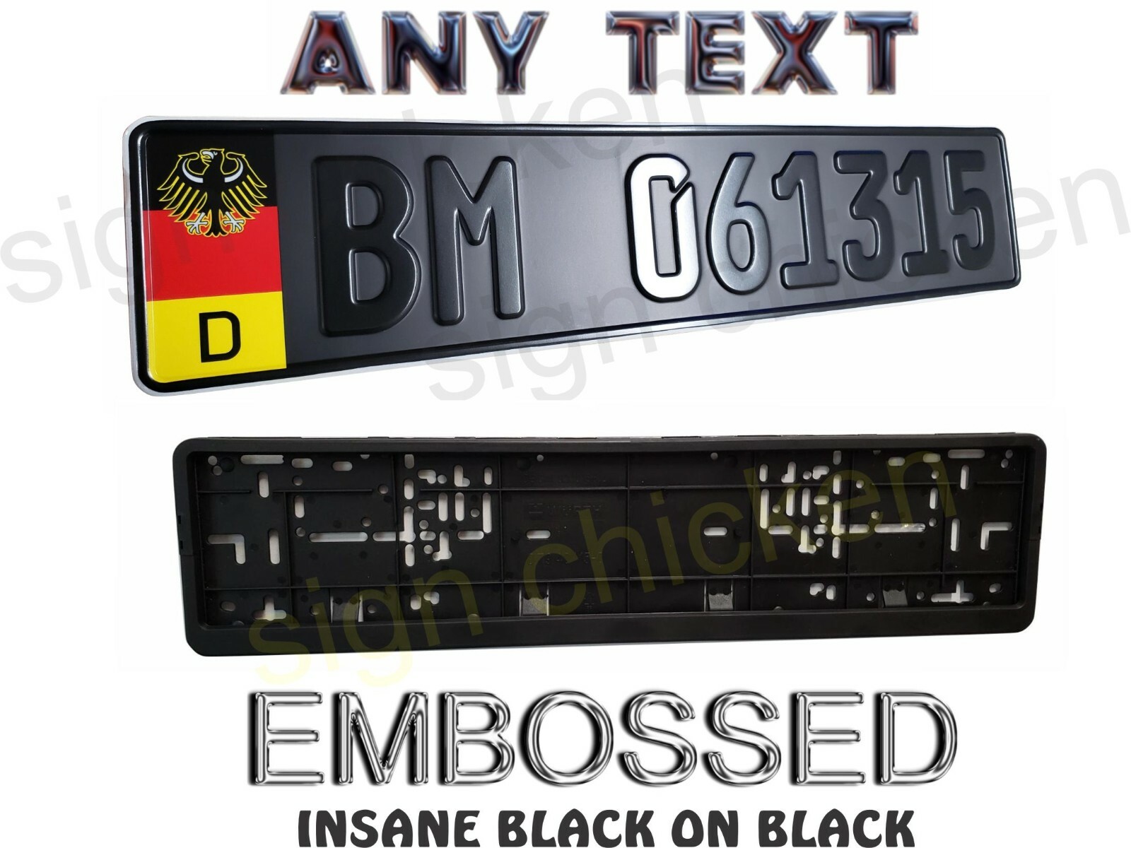 GERMAN BLACK ON BLACK, EURO STYLE  TAG, BMW,  European LICENSE plate, ANY TEXT ^