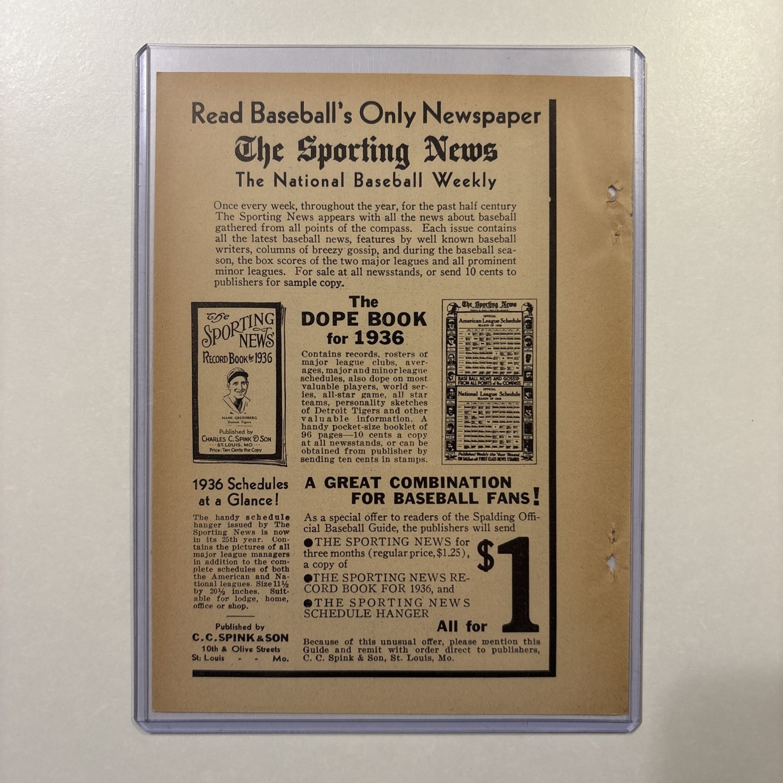 1936 The Sporting News Vintage Baseball Book Ad Hank Greenberg Rare Antique