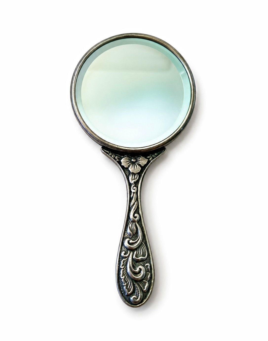 Vintage Silver Tone Hand Held Mirror Ornate Embossed Floral Figural Vanity Mirro