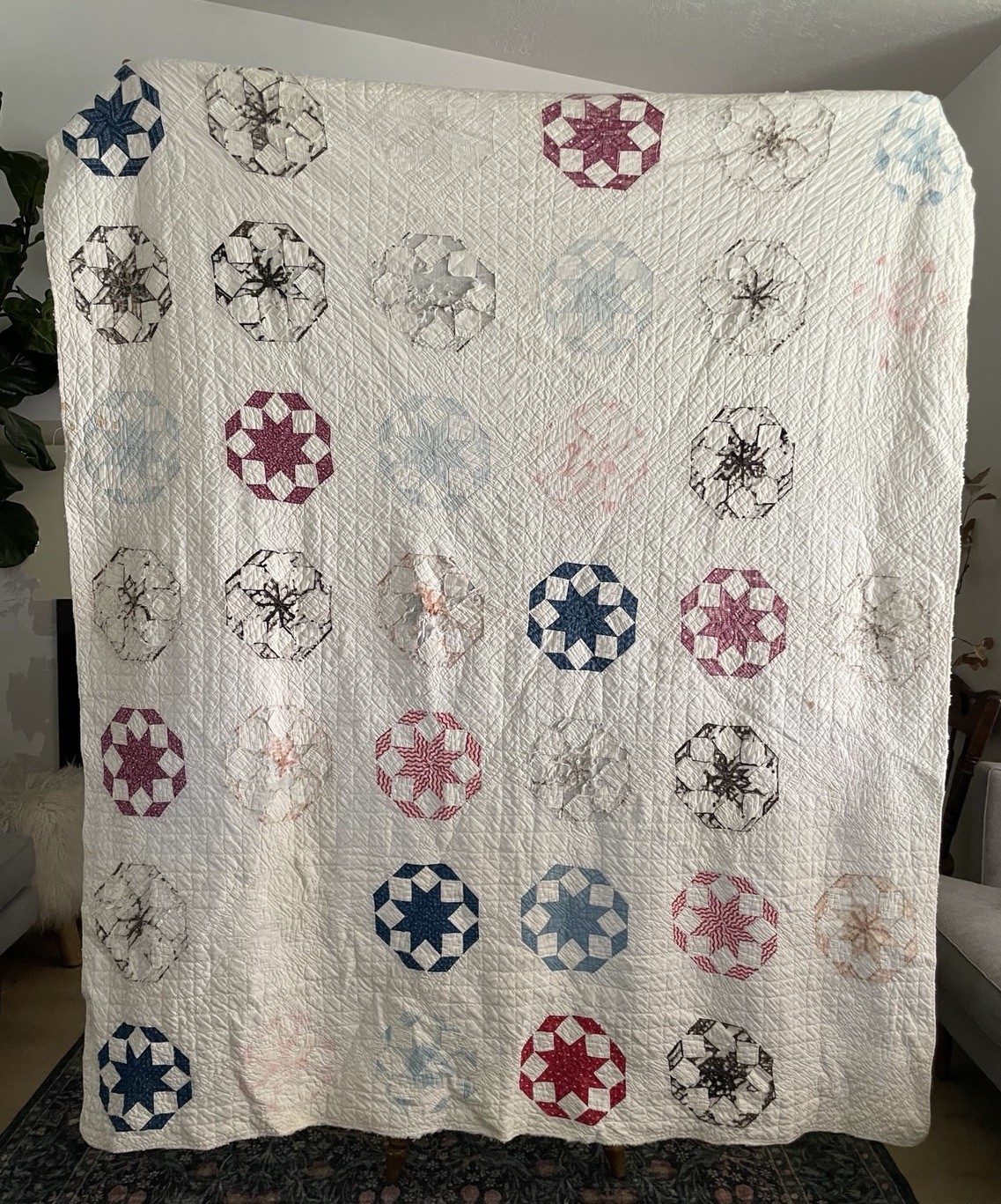 Antique Hand Quilted Patchwork Quilt 64x74 Star Blocks Cutter Repair Project