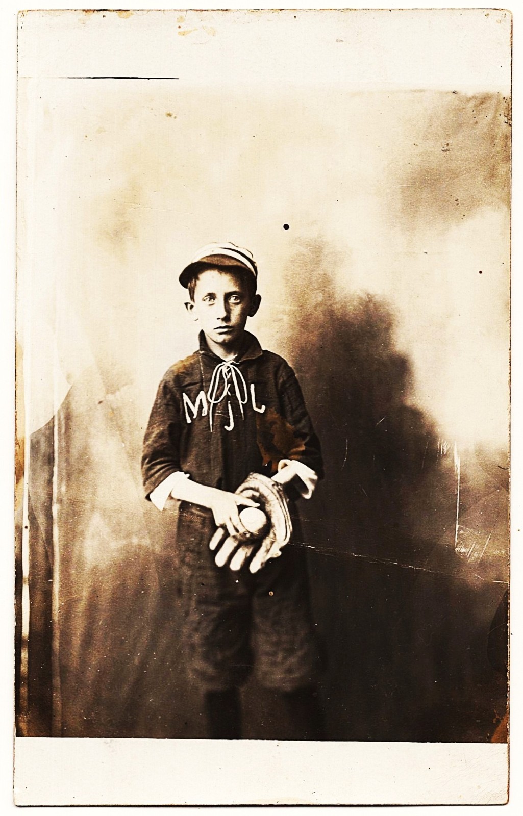 real photo Child Baseball Player Uniform antique Studio Photo postcard RPPC