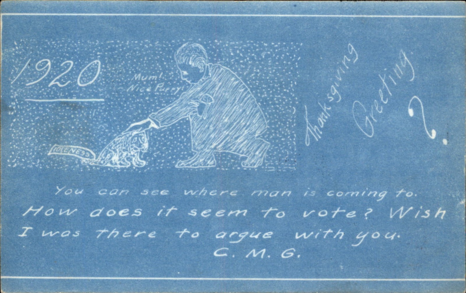Women's Suffrage Homemade Humor Cyanotype WHERE MAN IS COMING TO RPPC 1912 bhn