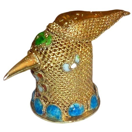 Antique Chinese Export Gilt Filigree Enamel Bird Head Thimble Qing Dynasty