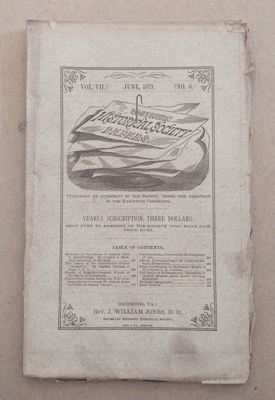 1879 SOUTHERN HISTORICAL SOCIETY PAPERS : Vol VII - No. 6 - In Original Wrapper