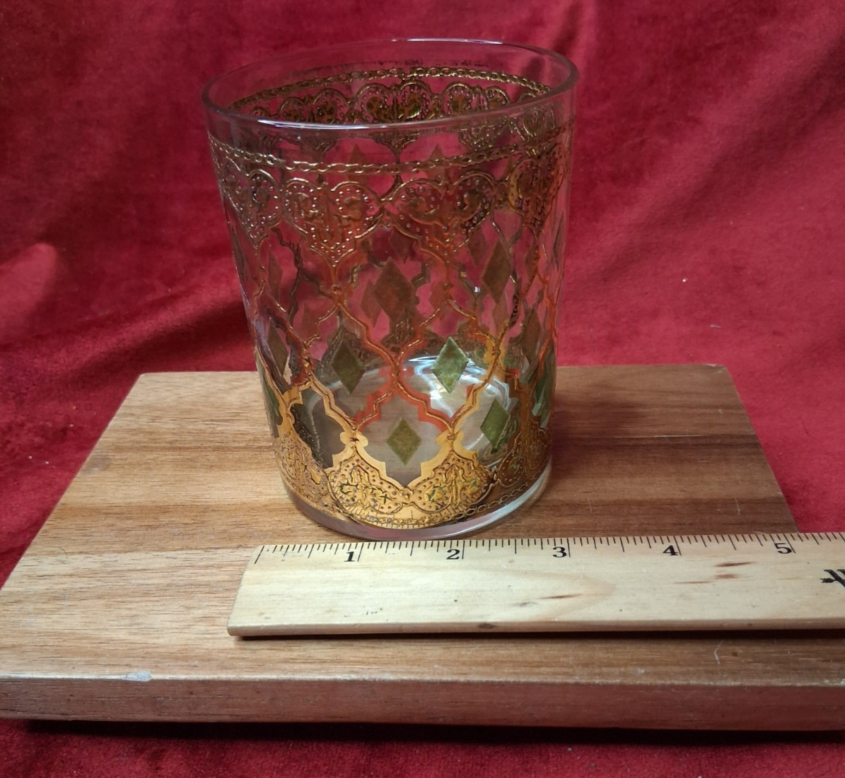 Vintage Culver Valencia Whiskey Glass 22K Gold Green Diamond Lowball MCM