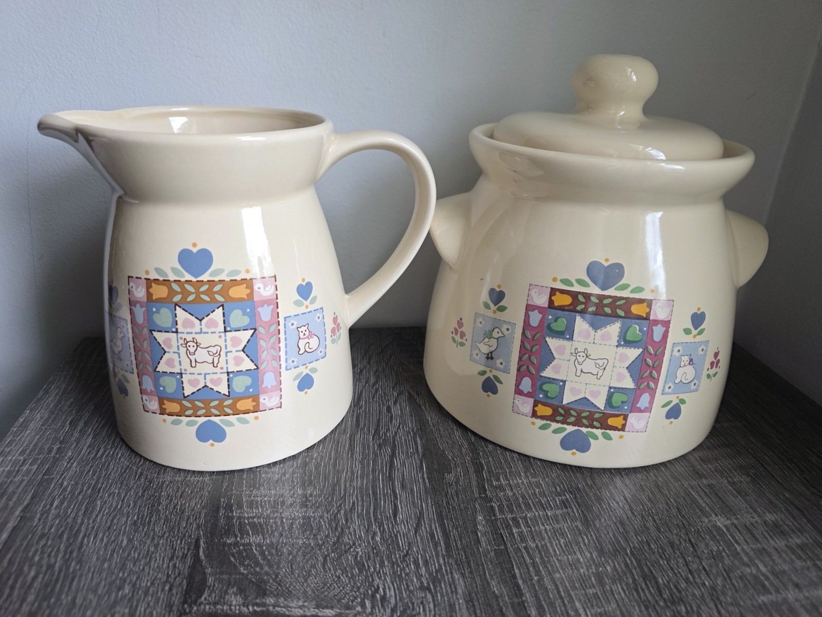 Vintage Lofisa Country Quilt Canister & Pitcher Set Mexico Pottery Folk Cottage
