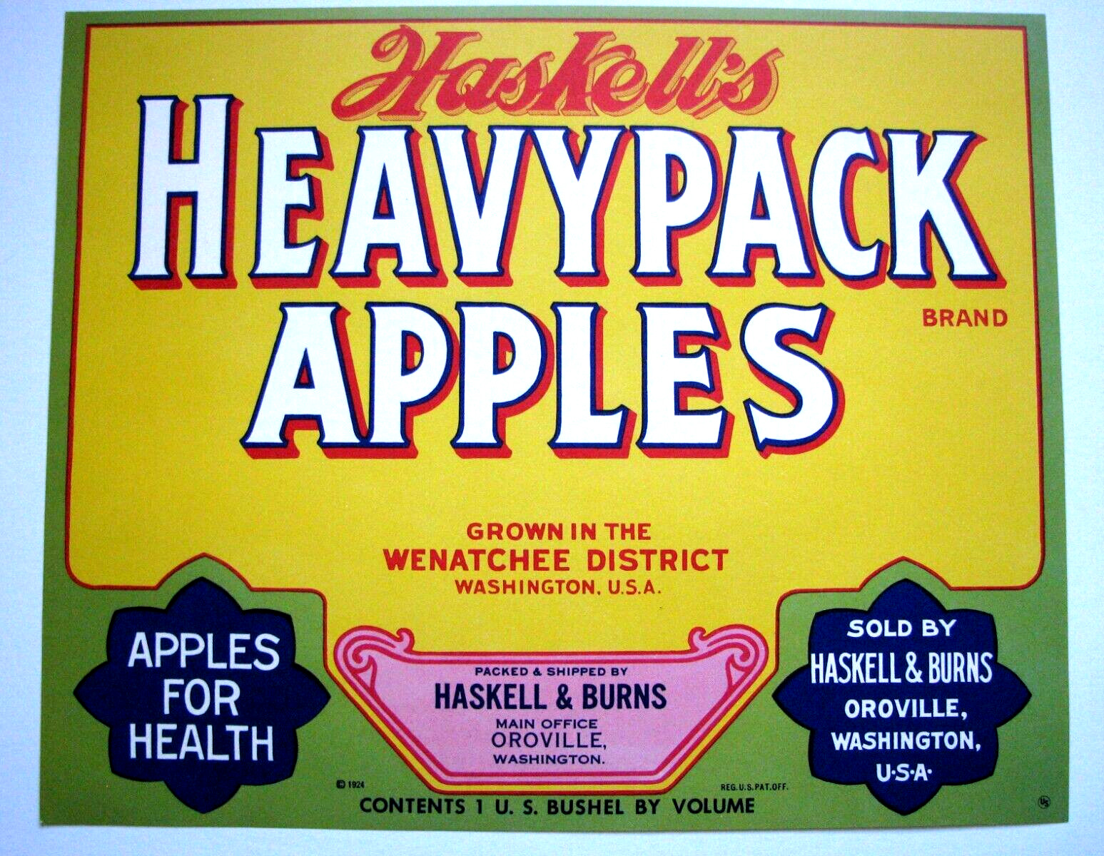 Original HASKELL\'S HEAVYPACK apple crate label Haskell & Burns Oroville WA yel