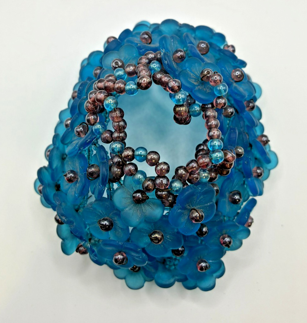 Antique 1920s Czech Beaded Glass Flower Lamp Shade Bulb Cover Frosted Blue Deco