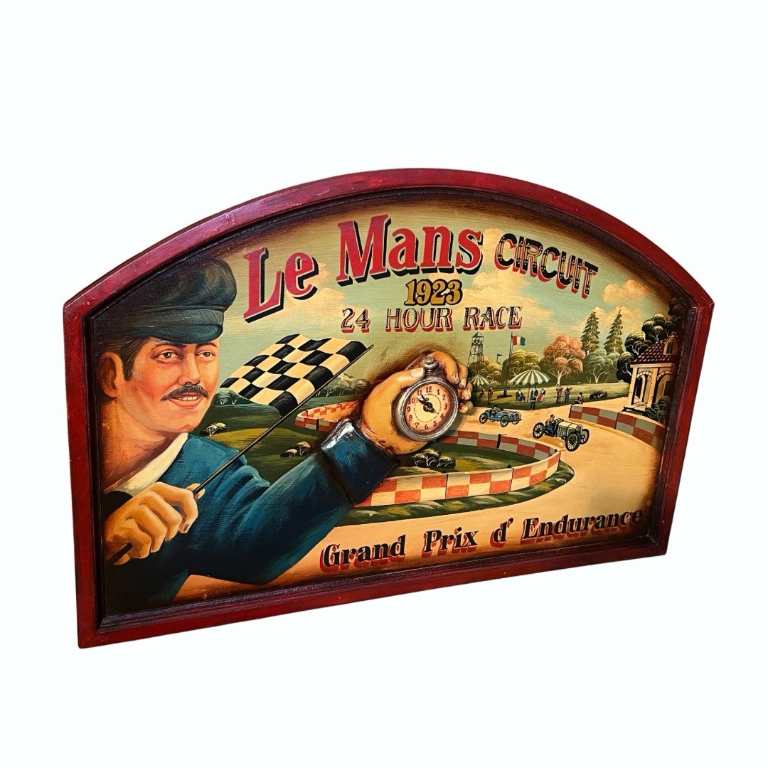 Large Vintage 3D Le Mans Circuit 24 Hour Race Wood Sign With Clock 36'’ x 24'’
