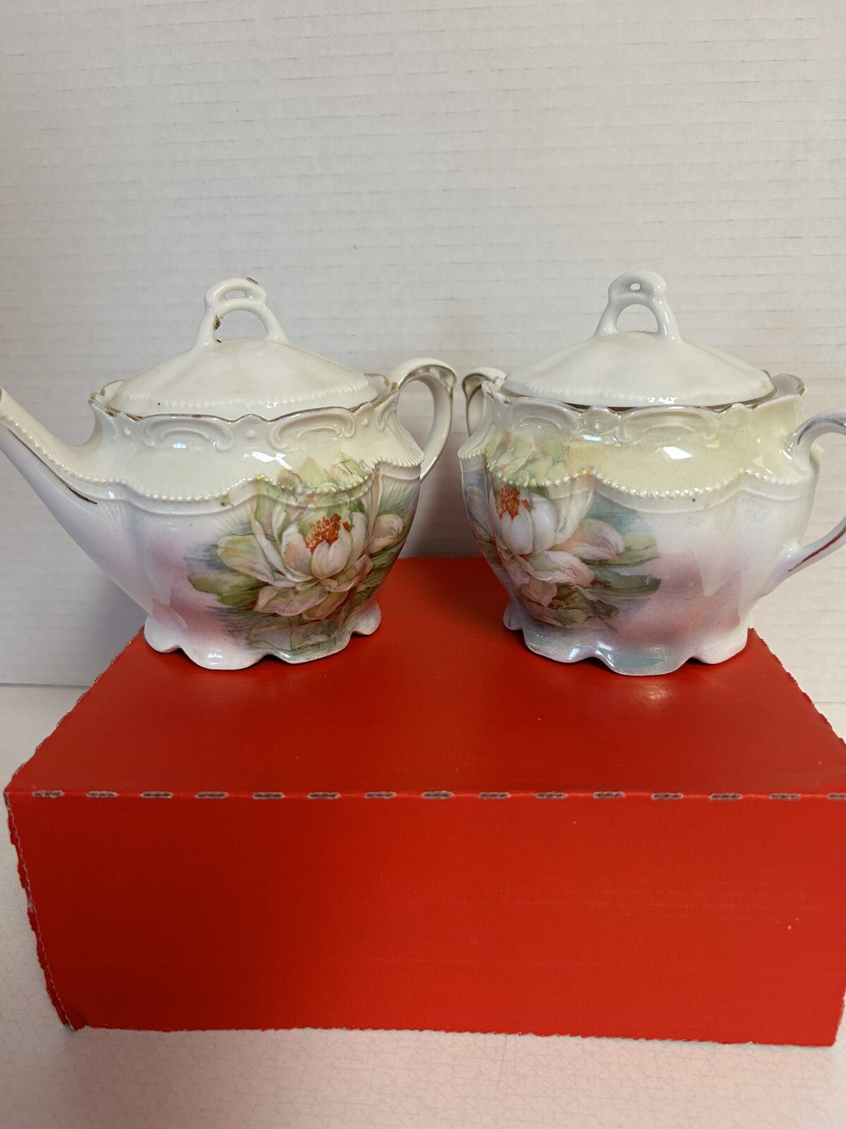 1929 Large Hand-painted Lidded Sugar And Lidded Creamer With Spout 5” T #7287