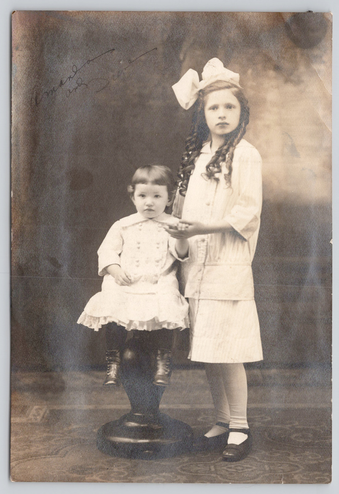 Found Photo Amanda and Irene Sister Studio Portrait Curly Braids Large Hair Bows