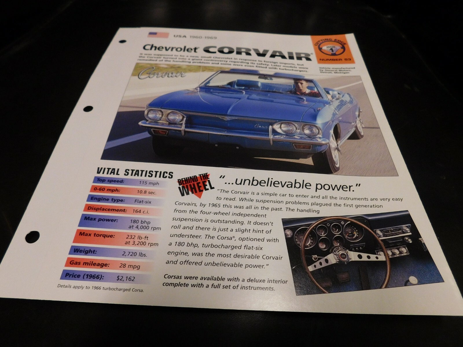 1960-1969 Chevrolet Corvair Spec Sheet Brochure Photo Poster 61 62 63 64 65 66