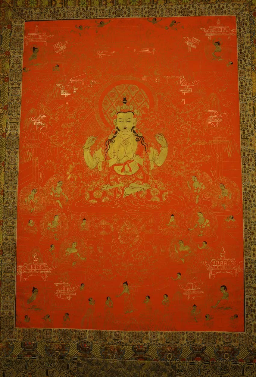 Tibet Vintage Old Buddhist Red Thangka Four-armed Avalokitesvara Bodhisattva