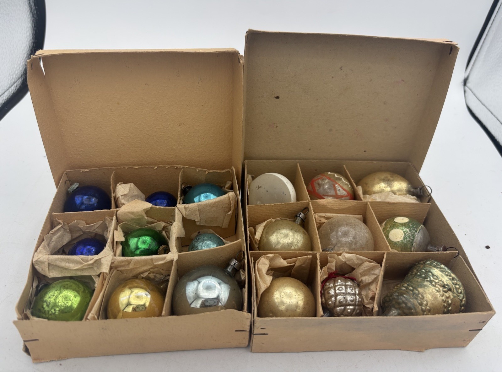 ANTIQUE 1920-30 GERMAN MERCURY FEATHERTREE CHRISTMAS ORNAMENTS 18 W/  BOXES