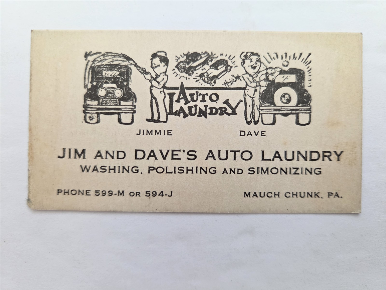 1930s antique JIM & DAVE\'S AUTO LAUNDRY mauch chunk pa BUSINESS CARD