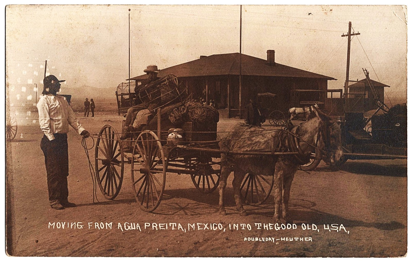 RPPC Texas Mexico Border Train Station Moving From Agua Peita MX To USA antique