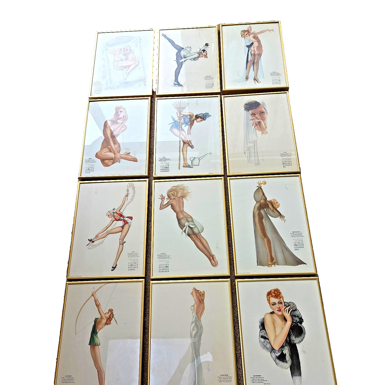 Varga Framed Intialed set of 12 month 1940 Calender Pinup Girls