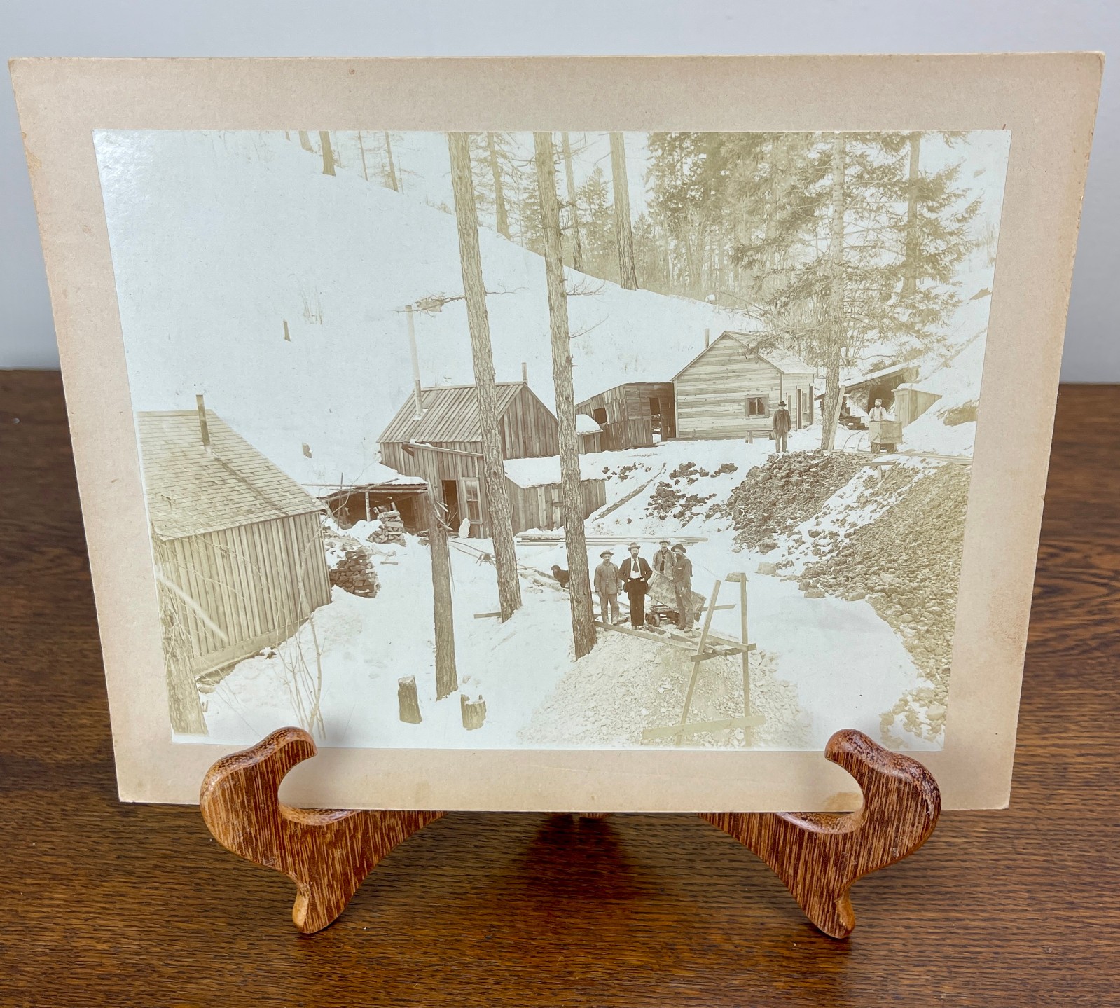 Antique c1900 Mining Camp Miners Ore Cart Snow Large Mounted Original Photo