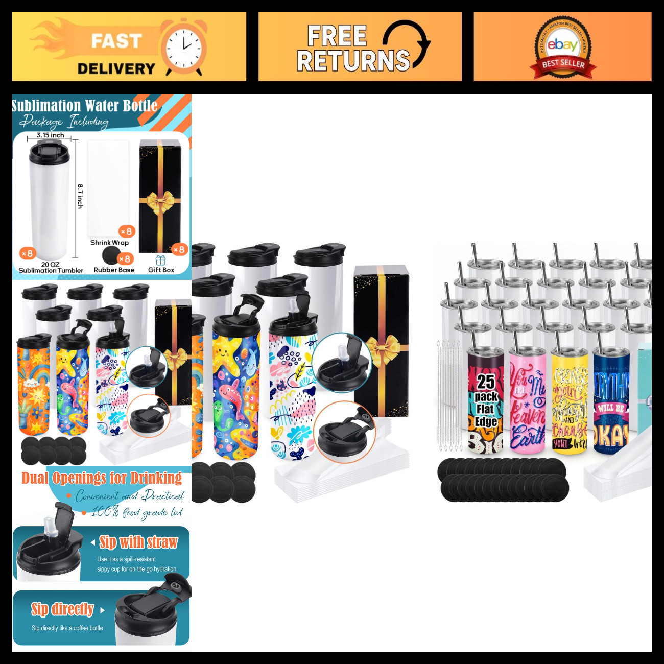 Joyclub Bundle of 8 Pack 20 oz Sublimation Water Bottle and 25 Pack 20 oz Sublim