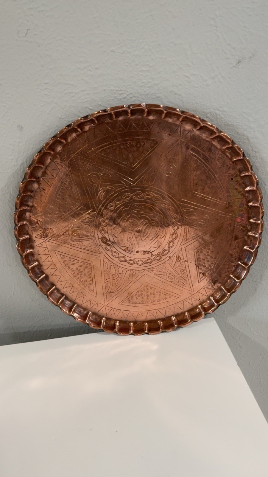 Antique Hand-Hammered Moroccan Copper Tray – 8-Pointed Star Decor  13.5\